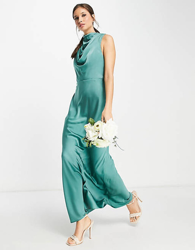 Бирюзовое атласное платье макси с воротником-хомутом и завязками ASOS DESIGN Bridesmaid