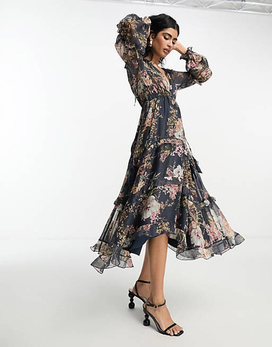 Многослойное плиссированное платье миди с цветочным принтом и кружевной отделкой ASOS DESIGN