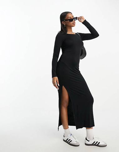 Черное трикотажное платье с длинными рукавами и разрезом по бокам Monki