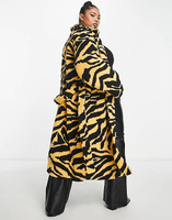Эксклюзивное длинное пальто плюшевого принта с желтым тигровым принтом и поясом Pieces Curve