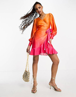 Оранжево-розовое атласное платье мини с запахом и эффектом омбре Style Cheat