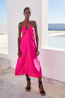Платье миди из 100% льна со сборками и воротником-хомутом Next, розовый