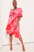 Платье миди с рюшами пышными рукавами и декоративным вырезом Lipsy, розовый