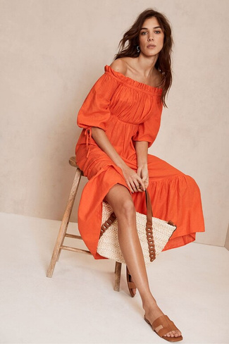 Оранжевое платье-макси с вырезом бардо Mint Velvet, оранжевый
