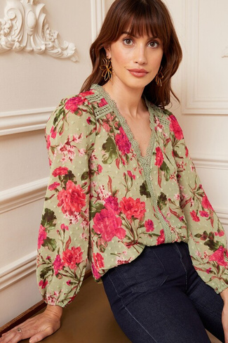 Блузка из ткани добби с длинными рукавами с V-образным вырезом и кружевной отделкой Love & Roses