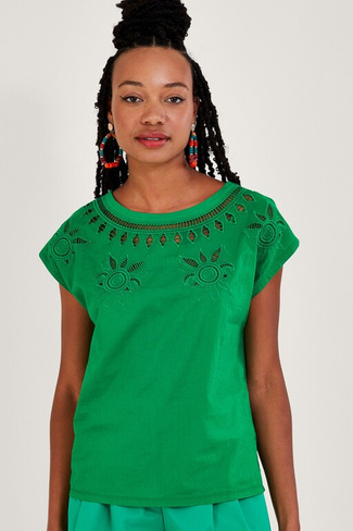 Зеленая футболка с цветочным вырезом Monsoon, зеленый