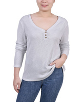 Рубашка на пуговицах petite с длинными рукавами в рубчик NY Collection, светло-серый