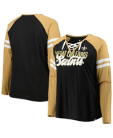 Женская фирменная черная, золотистая футболка New Orleans Saints размера плюс со шнуровкой и v-образным вырезом реглан с