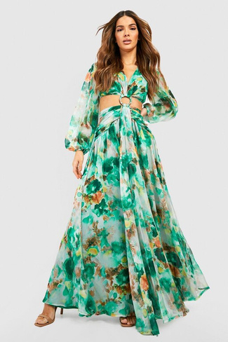 Платье макси с цветочным принтом шифоновое платье с вырезами Boohoo, зеленый