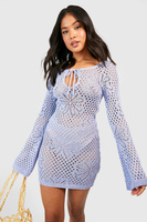 Трикотажное мини-платье с расшешенными рукавами, связанное крючком с цветочным платьем Boohoo, синий