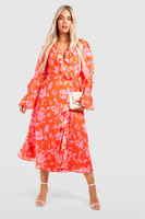 Платье с цветочными руфлями и запахом Boohoo, оранжевый