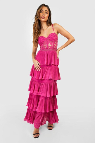 Платье макси с кружевным корсетом и плиссами Boohoo, розовый