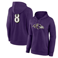 Женский пуловер с капюшоном Fanatics с логотипом Lamar Jackson, фиолетовый Baltimore Ravens Player Icon, имя и номер Fan