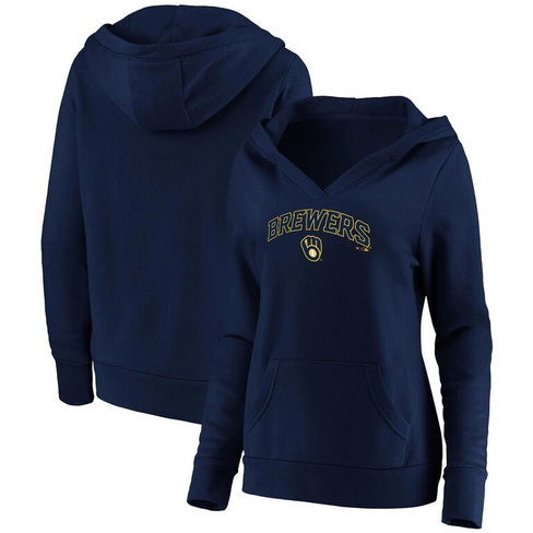 Женский темно-синий пуловер с капюшоном и v-образным вырезом с логотипом Fanatics Milwaukee Brewers Core Team Fanatics
