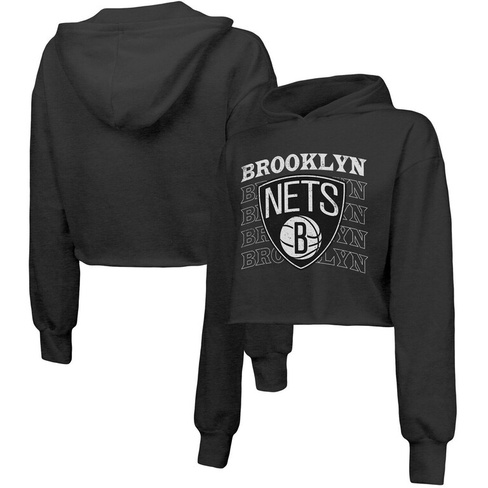 Женский укороченный пуловер из трех смесей с капюшоном, черный Brooklyn Nets с повторяющимся узором Majestic Threads Maj