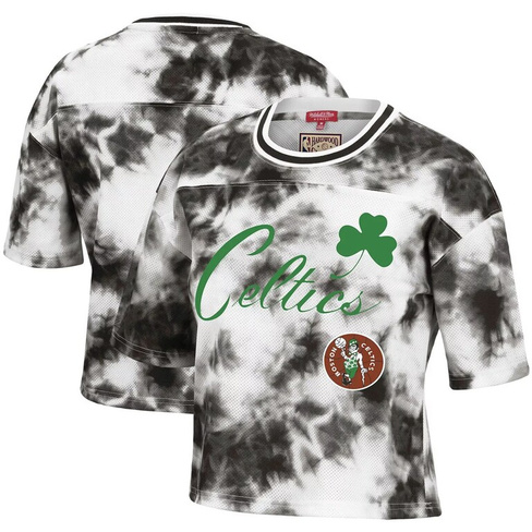 Женская черно-белая укороченная футболка Mitchell & Ness Boston Celtics Hardwood Classics с принтом тай-дай