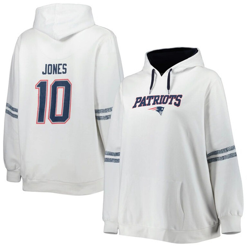 Женский пуловер с капюшоном Mac Jones белого/темно-синего цвета New England Patriots больших размеров с именем и номером