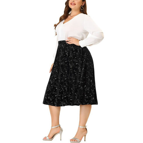 Бархатные юбки больших размеров для женщин, расклешенная юбка длиной до колена со звездным принтом Agnes Orinda, темно-с