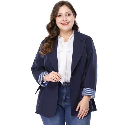 Женский повседневный пиджак больших размеров в полоску с манжетами и зубчатыми лацканами Agnes Orinda, синий