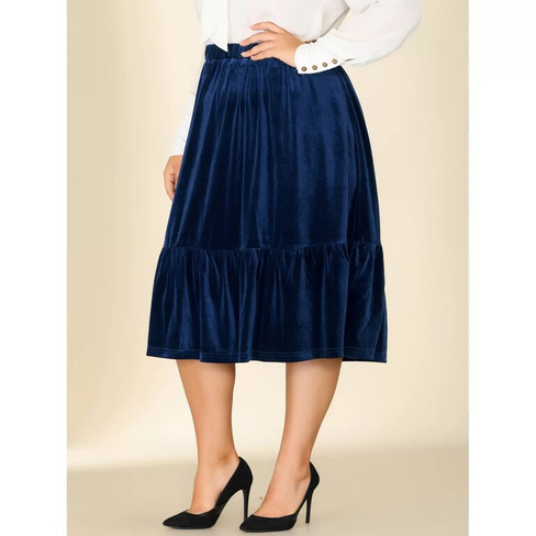 Женская бархатная юбка миди больших размеров с эластичной резинкой на талии и оборками на подол Agnes Orinda, темно-сини