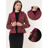 Винтажный твидовый пиджак для женщин, офисный пиджак в клетку с зубчатым воротником и поясом ALLEGRA K