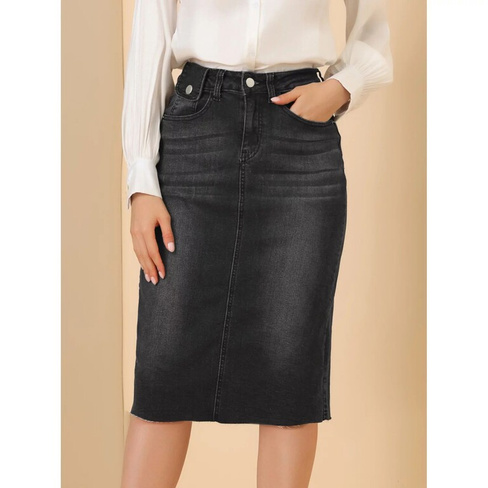 Женская однотонная джинсовая юбка с завышенной талией, джинсовые юбки средней длины с разрезом на спине ALLEGRA K, темно