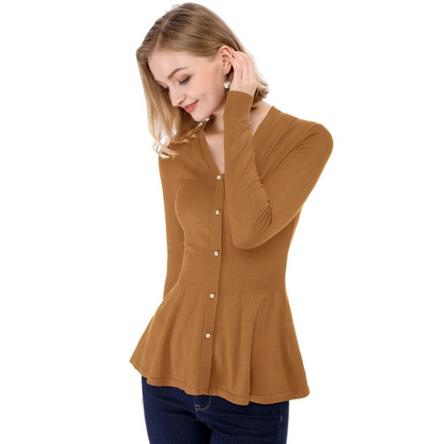 Женский пуловер в рубчик с V-образным вырезом и длинными рукавами, вязаные топы с баской ALLEGRA K, коричневый
