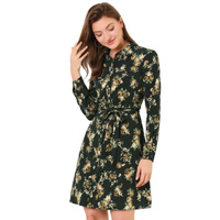 Женское платье-рубашка с цветочным принтом и пуговицами с лацканами и поясом ALLEGRA K