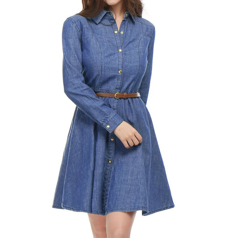 Женское джинсовое платье-рубашка длиной выше колена с длинными рукавами и поясом ALLEGRA K, синий
