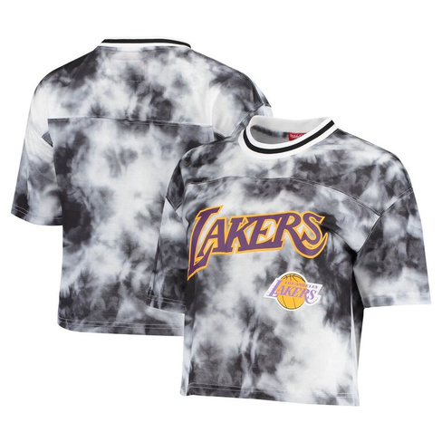 Женская черно-белая укороченная футболка Mitchell & Ness Los Angeles Lakers Hardwood Classics с принтом тай-дай