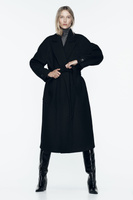 Удлиненное пальто из смесовой шерсти с поясом ZARA, черный