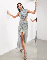 Платье-макси Asos Edition Draped And Slashed High Neck In Abstract Print, серый