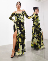 Платье-макси Asos Edition Long Sleeve Bias Cut With Raw Edge Frills In Floral, черный/зеленый