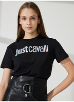 Черная женская футболка с круглым вырезом с принтом Just Cavalli