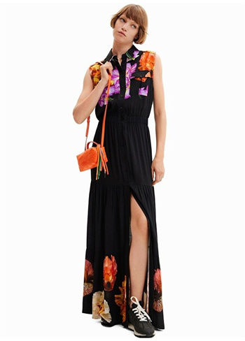 Черное женское летнее длинное платье с воротником рубашки с рисунком Desigual