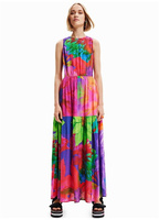 Разноцветное женское летнее длинное платье с круглым вырезом и рисунком Desigual