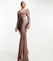 Платье Asos Design Tall Satin Flare Sleeve Cut Out Maxi, темно-бежевый