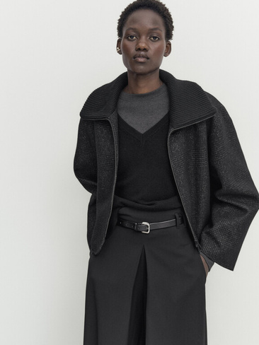 Укороченная куртка в клетку с контрастным трикотажным воротником Massimo Dutti, черный
