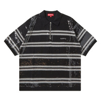 Рубашка-поло на молнии с полосками и пайетками Supreme, цвет: черный