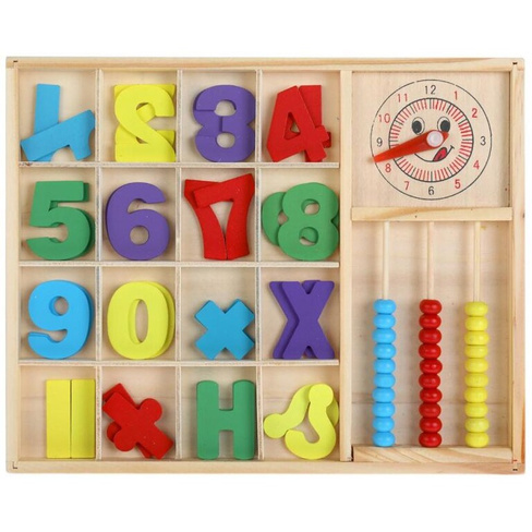 Игрушка деревянная Буратино счетный материал с часами в коробке