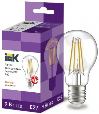 Iek LLF-A60-9-230-30-E27-CL Лампа LED A60 шар прозр. 9Вт 230В 3000К E27 серия 360° IEK
