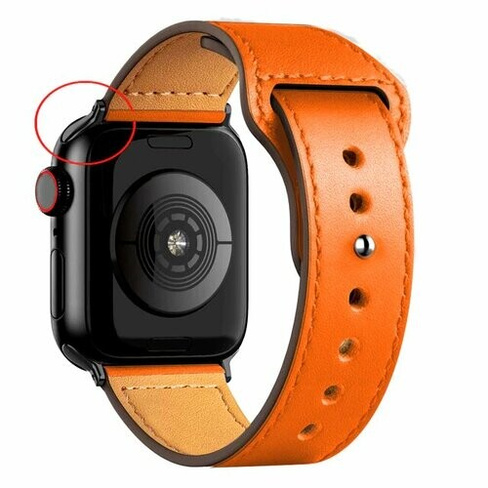 Кожаный ремешок для Apple Watch series 3 4 5 6 7 8 9 SE, в корпусах 42, 44, 45, 49. Оранжевый / Orange BF (Черная Фурнит