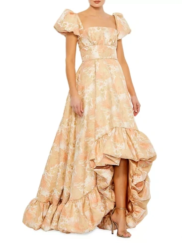 Парчовое платье с пышными рукавами и высоким вырезом Mac Duggal, цвет peach