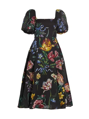 Жаккардовое платье-трапеция с пышными рукавами и цветочным принтом Marchesa Notte, черный
