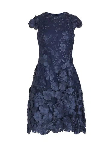 Коктейльное платье с цветочной аппликацией и короткими рукавами Teri Jon By Rickie Freeman, темно-синий