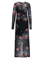 Платье макси из сетчатой ткани со сборками и цветочным принтом Ganni, черный