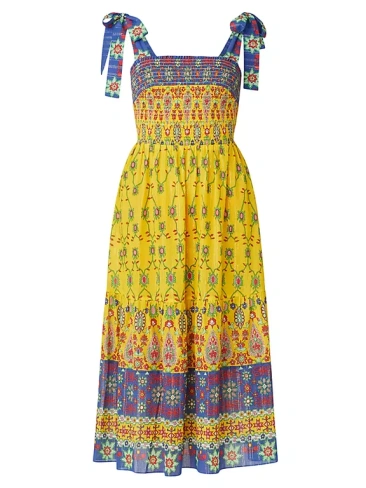 Платье миди со сборками и геометрическим рисунком Shoshanna, желтый