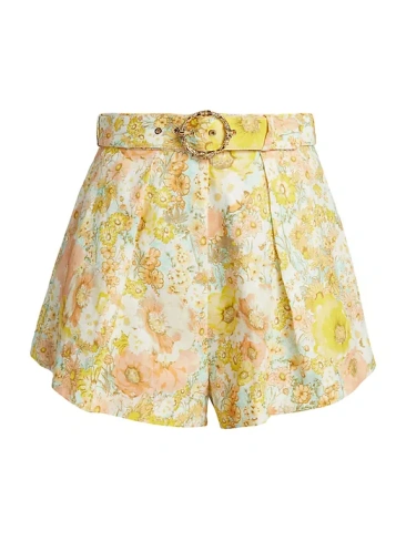 Льняные шорты с цветочным принтом и поясом Zimmermann, цвет lemon meadow