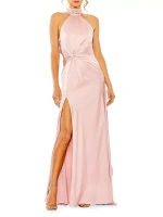 Атласное платье с воротником халтер и открытой спиной Mac Duggal, цвет shell pink