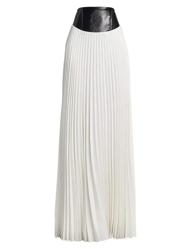 Плиссированная длинная юбка с кожаной талией Brandon Maxwell, белый